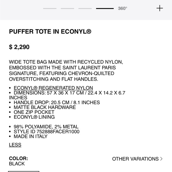 NEW in box Saint Laurent PUFFER TOTE IN ECONYL® - Picture 4 of 8